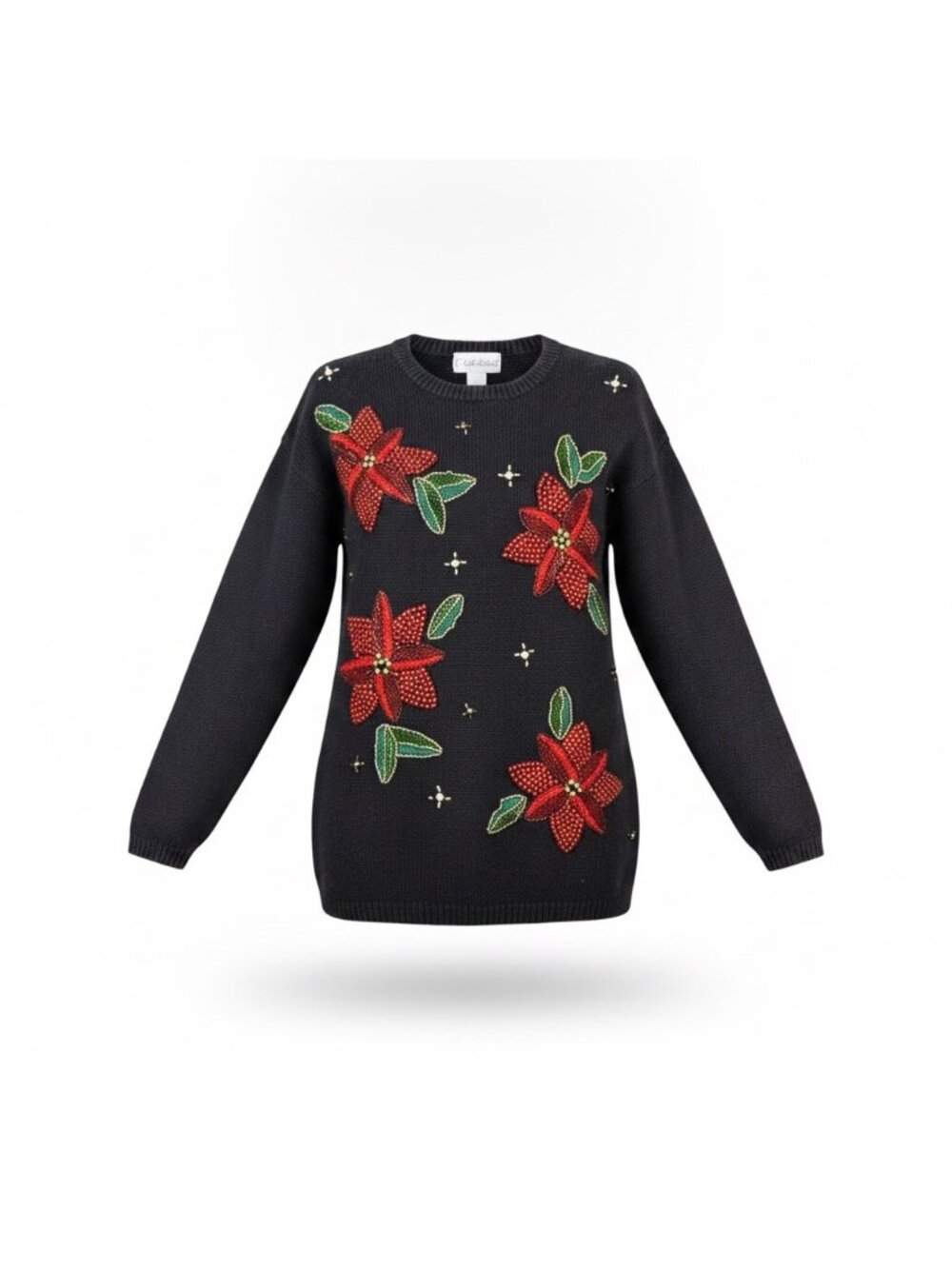 Victoria Harbour Womens Black Holiday Floral Embellished Christmas Sweater Sz M